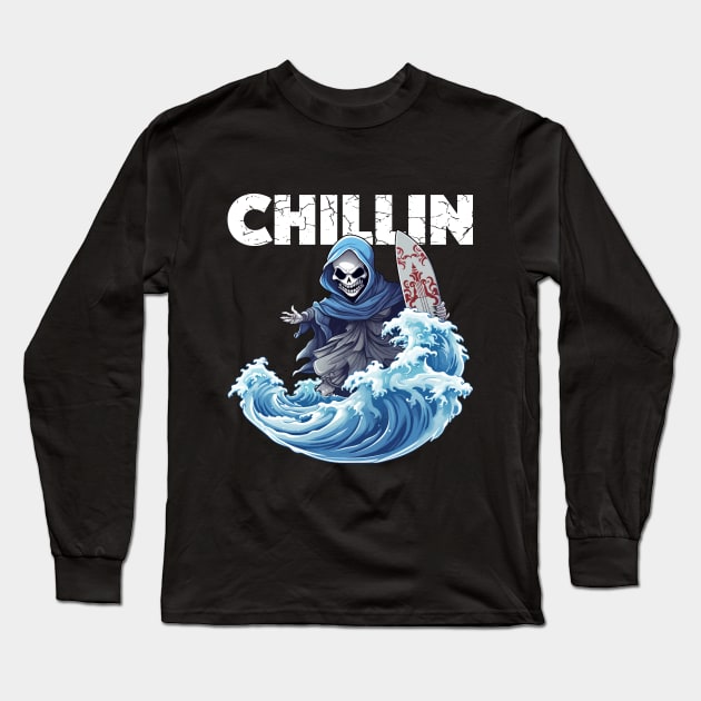 Skeleton Surfer - Chillin (White Lettering) Long Sleeve T-Shirt by VelvetRoom